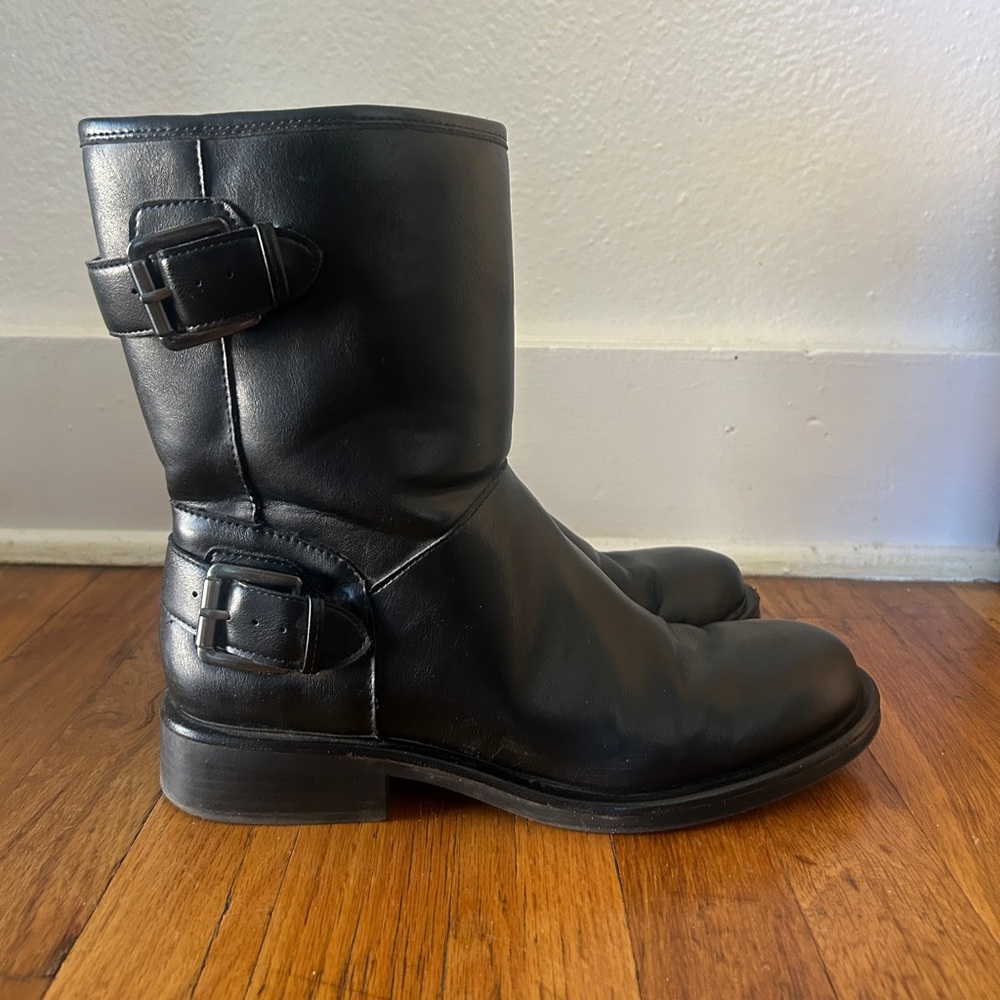Black faux leather buckled moto boots